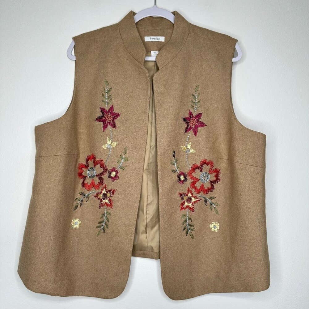 Boho Vest Tan Floral Embroidered Wool Blend Size 18W